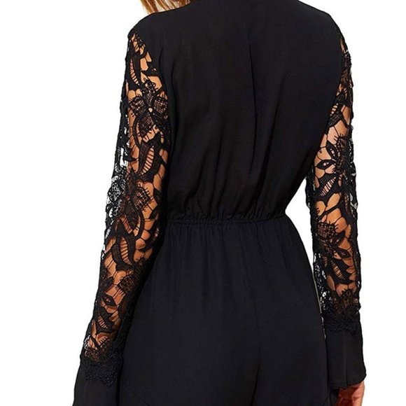 POINT OF VIEW BLACK LONG CROCHET SLEEVE ROMPER - Picture 5 of 10